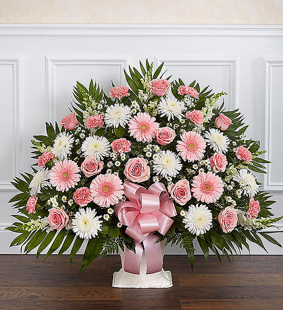 Heartfelt Tribute&trade; Floor Basket- Pink &amp; White