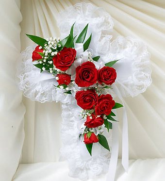 Red &amp; White Satin Cross Casket Pillow