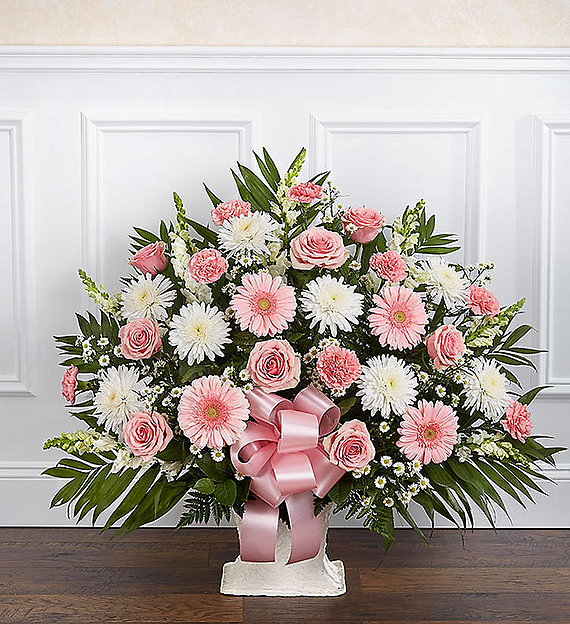 Heartfelt Tribute&trade; Floor Basket- Pink &amp; White